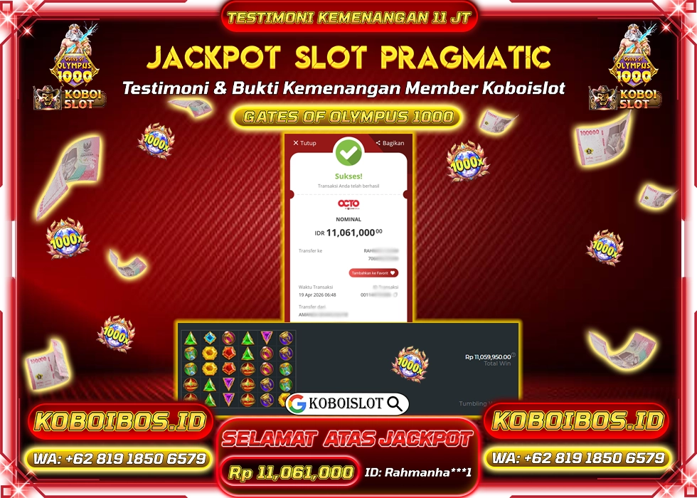 BUKTI KEMENANGAN ID Rahmanha***1 SLOT GACOR GATES OF OLYMPUS 1000 Rp11.061.000,- LUNAS